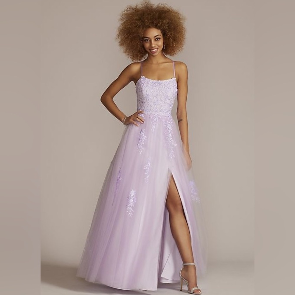 LILAC EMBROIDERED LACE TULLE PROM DRESS